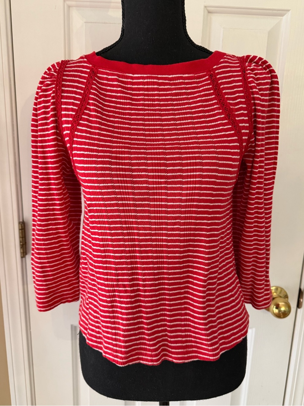 Democracy Red and White Striped Puff-Sleeve 3/4 Sleeved Top